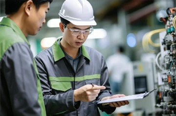 Engenheiro inspecionando m&aacute;quinas conclu&iacute;das