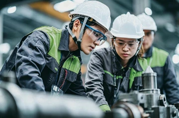 Trabalhadores que fabricam m&aacute;quinas na oficina