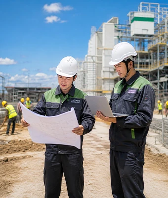 Engenheiros orientando a instala&ccedil;&atilde;o de equipamentos no exterior